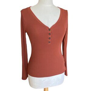 Madewell Ribbed Henley Top Rust Long Sleeve Cowgirl Bella Indie Grunge Y2K-M